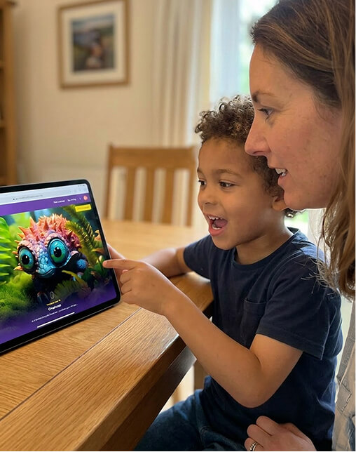 A parent and young child smile together as they explore a colourful writing prompt on the Pobble Home app on an iPad. A parent and young child smile together as they explore a colourful writing prompt on the Pobble Home app on an iPad.
