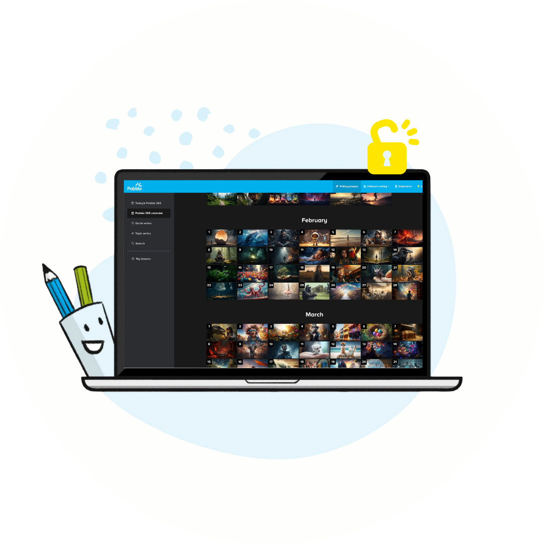 Laptop showing the Pobble prompt calendar with many prompt thumbnails. Laptop showing the Pobble prompt calendar with many prompt thumbnails.