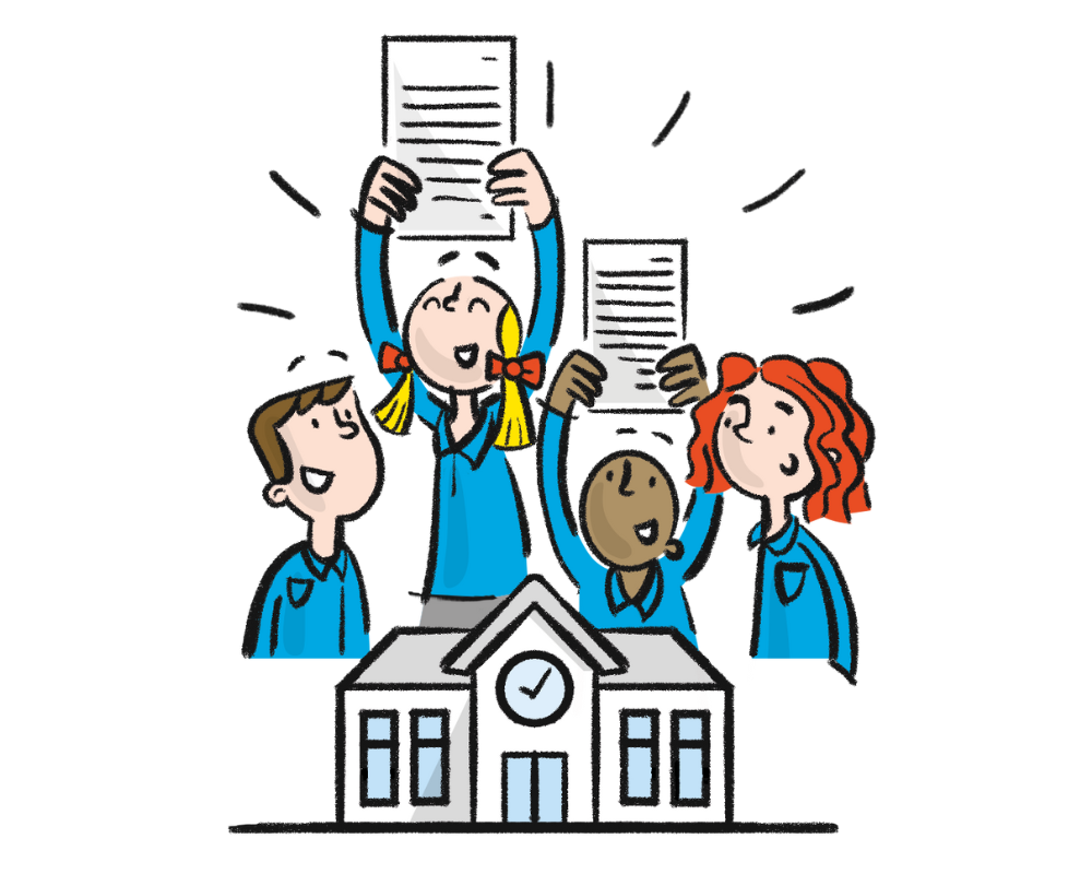 Illustration of four students holding up their writing above a school building, celebrating whole school writing.