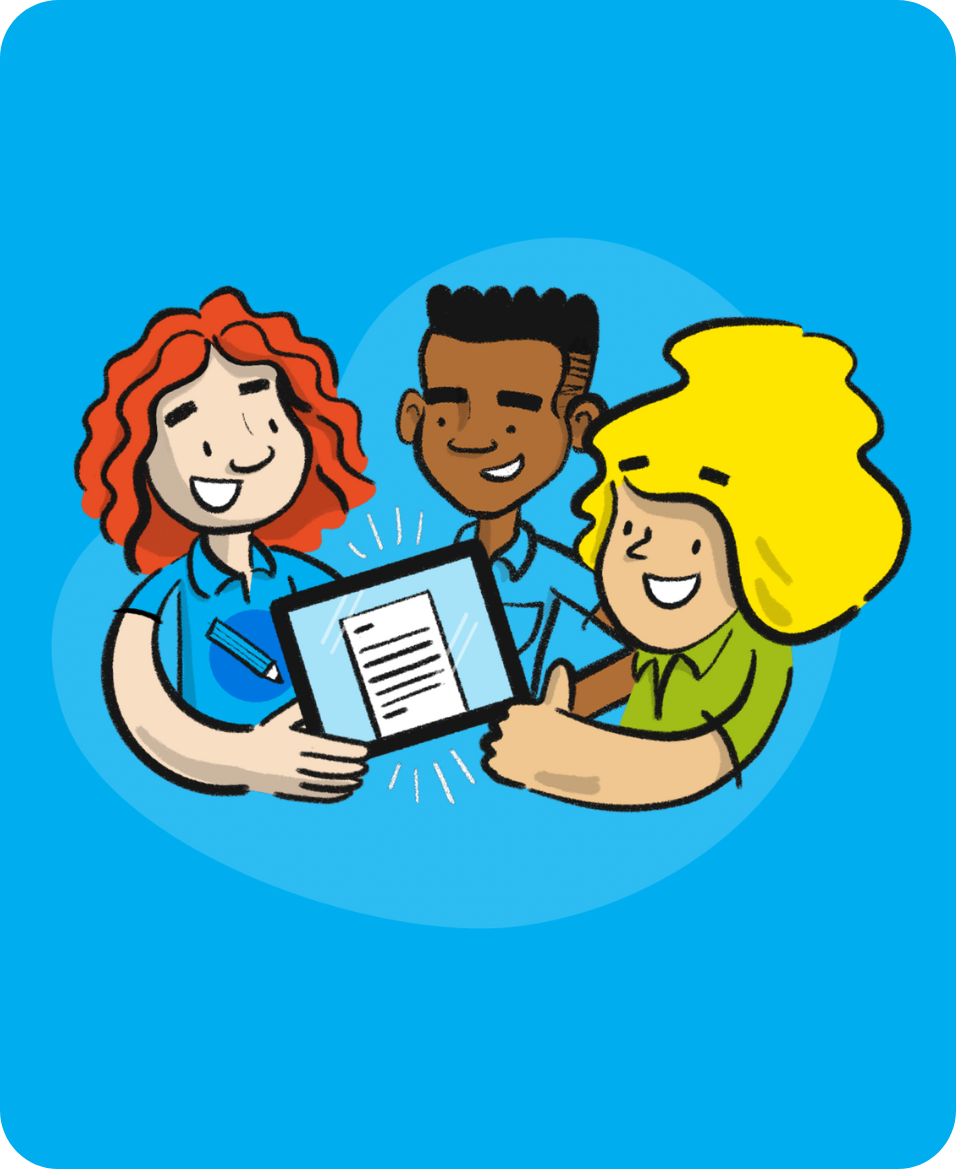 Illustration of three children smiling and sharing a tablet, representing school success stories Illustration of three children smiling and sharing a tablet, representing school success stories