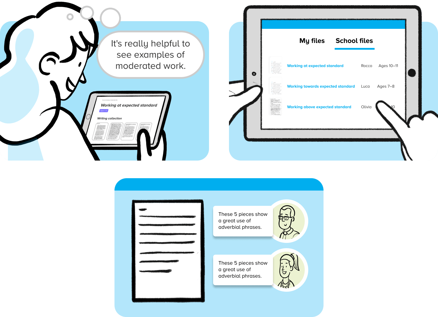 A smiling teacher looking at online assessment files of her classes writing