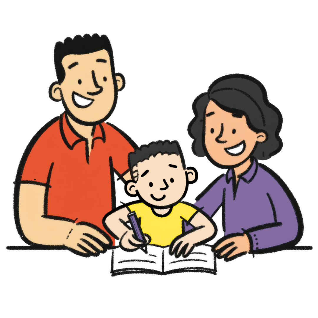 Parents and child excited to write at home